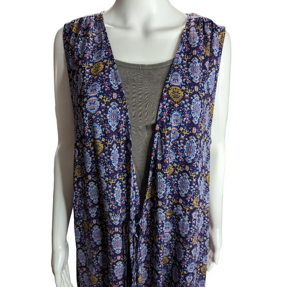 Allison Joy Blue Paisley Sleeveless Tie Front Duster Cardigan Hi-Low Hem Sz XL - Picture 2 of 8